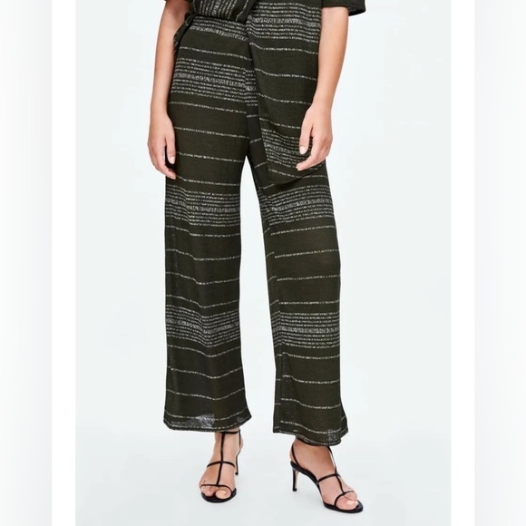 Zara Basic Wide Legged Pants Size Small 4 Olive Green w/S stripes Sheer - Picture 2 of 5